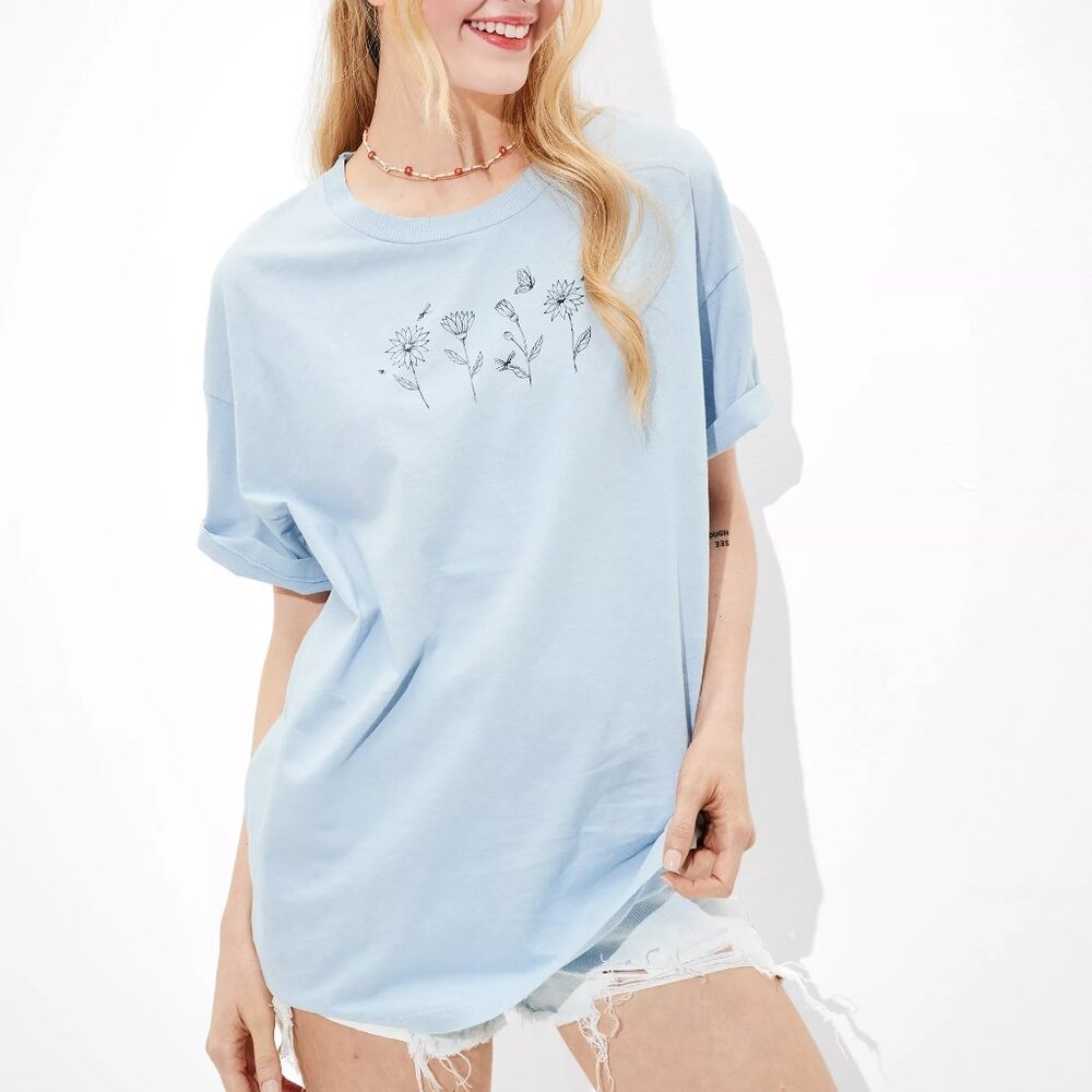 Aerie Oversized Graphic Tee in Light Blue with Floral Line Art